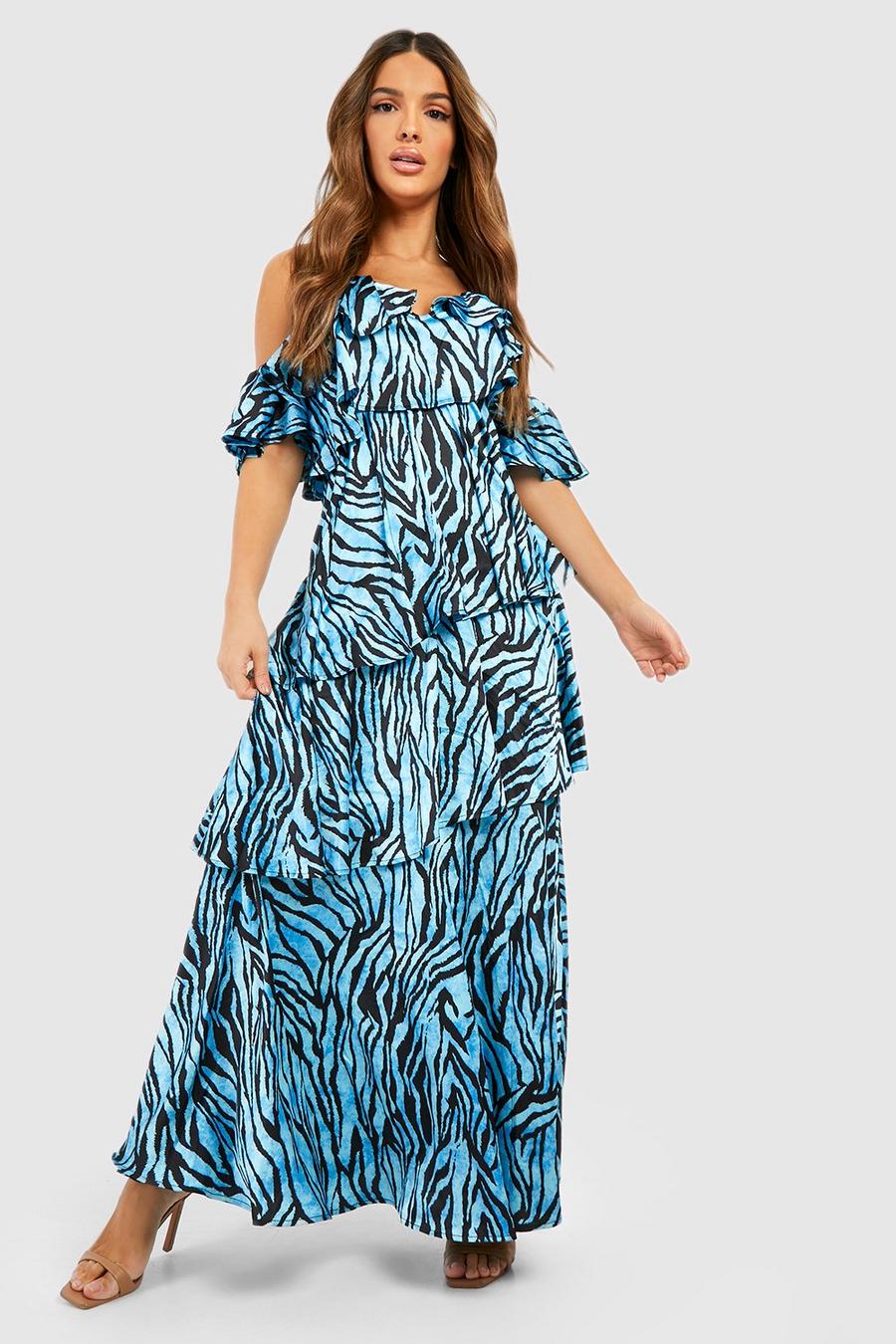 Blue Zebra Print Ruffle Tiered Maxi Dress