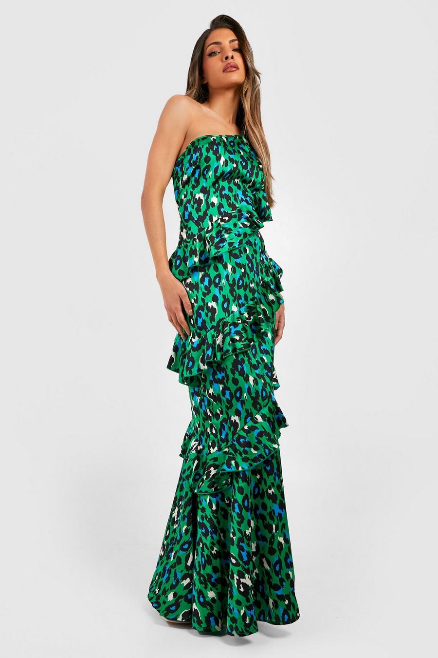 Green Leopard Print One Shoulder Maxi Dress