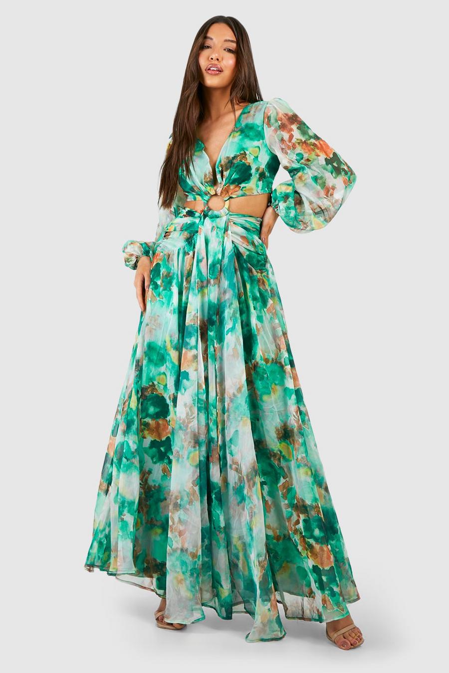 Green Floral Print Chiffon Cut Out Maxi Dress
