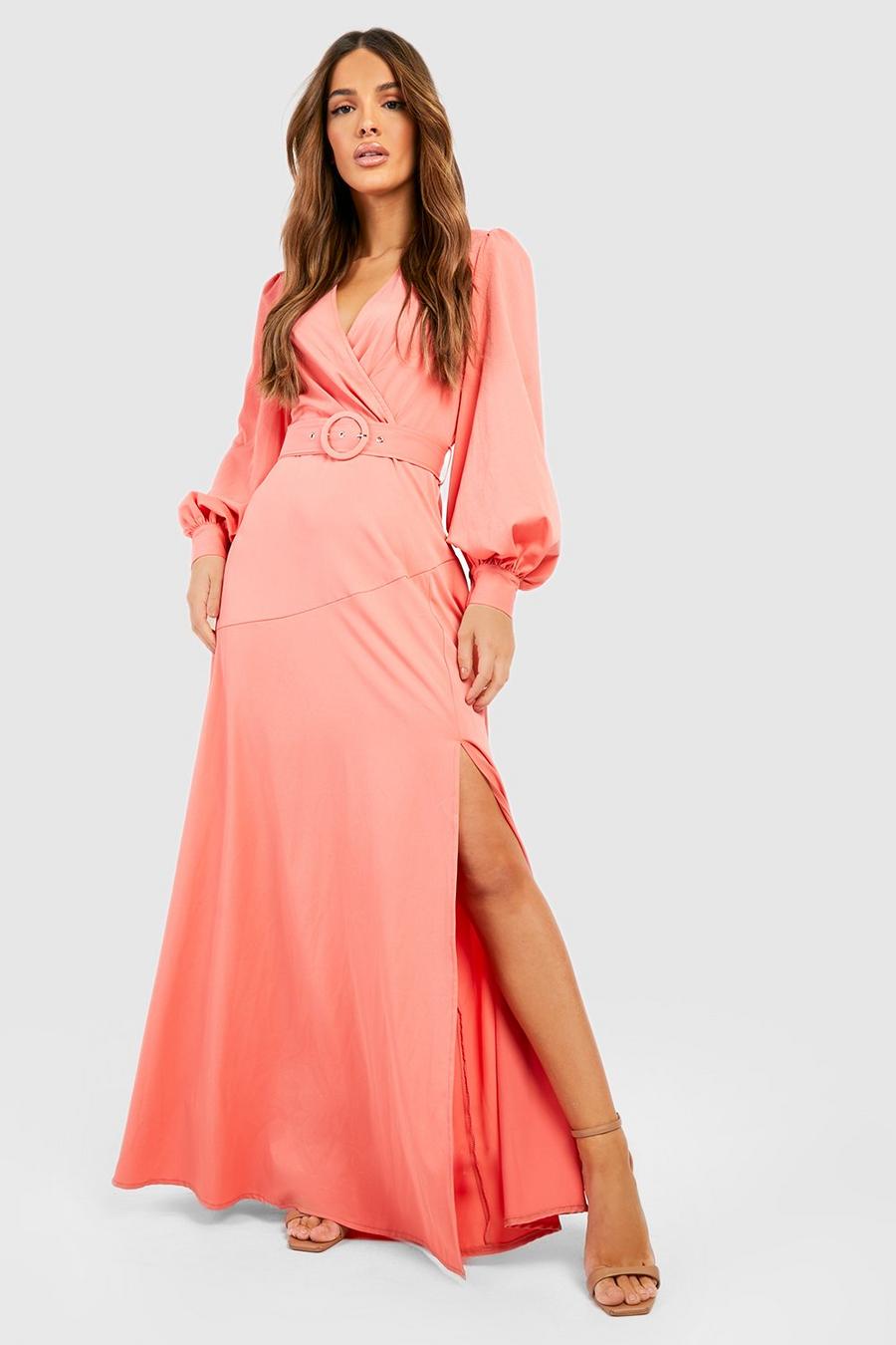 Coral pink Plunge Belted Maxi Dress