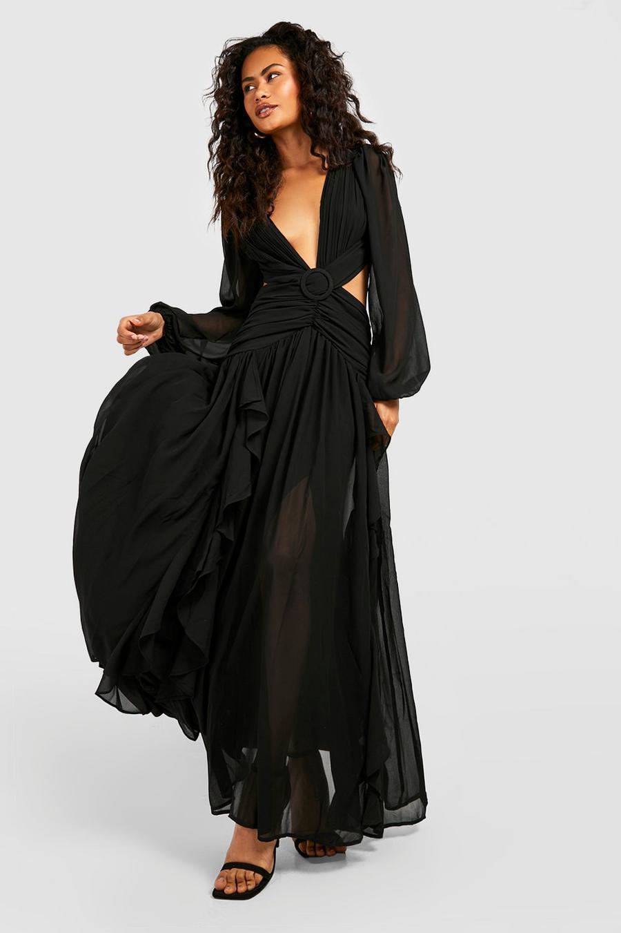 Black Cut Out Ruffle Maxi Dress image number 1