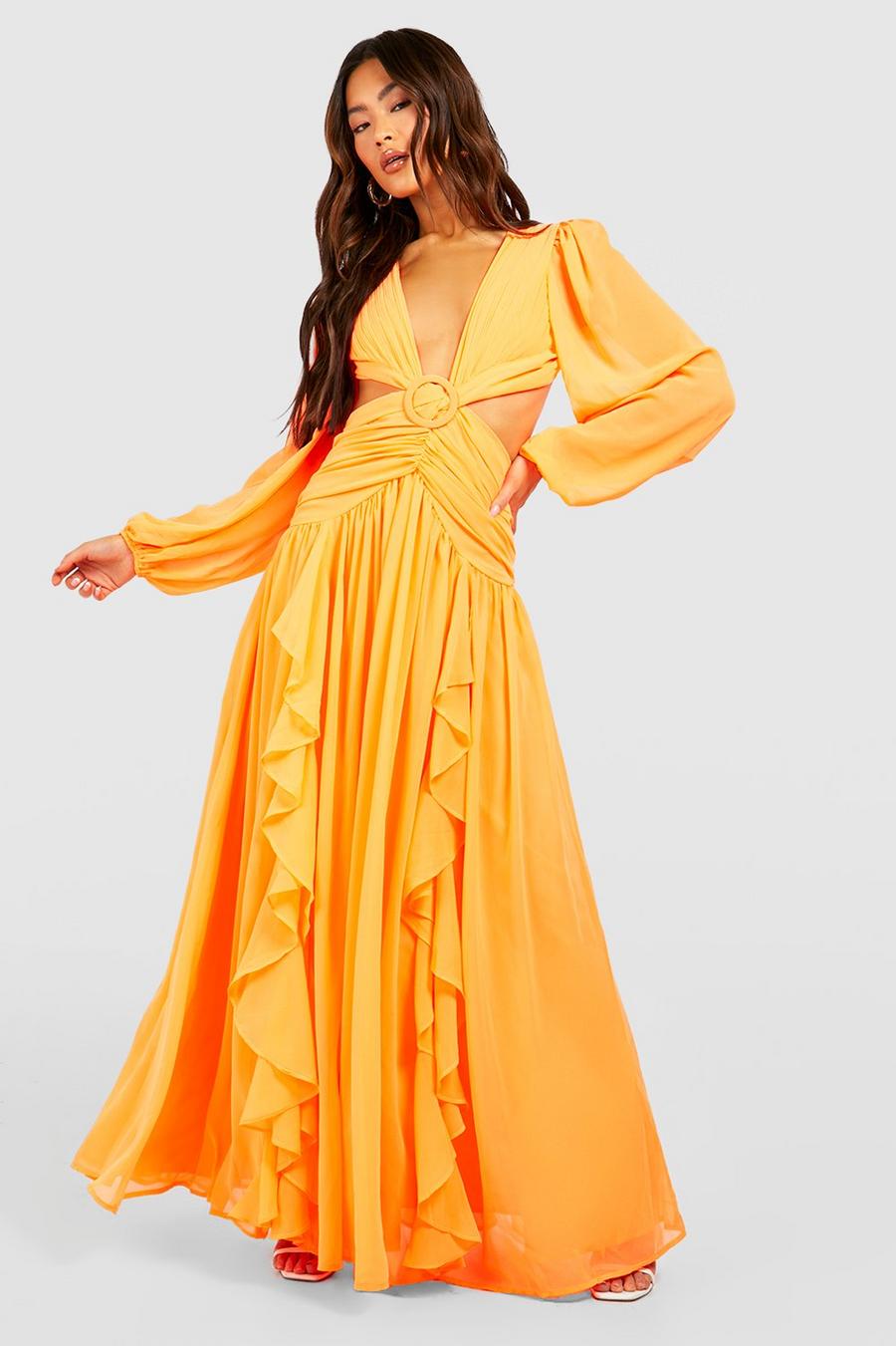 Orange Cut Out Ruffle Maxi Dress