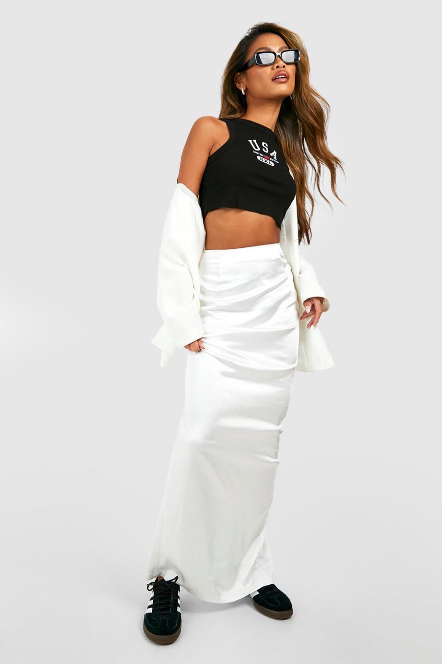 White Satin High Waist Maxi Skirt image number 1