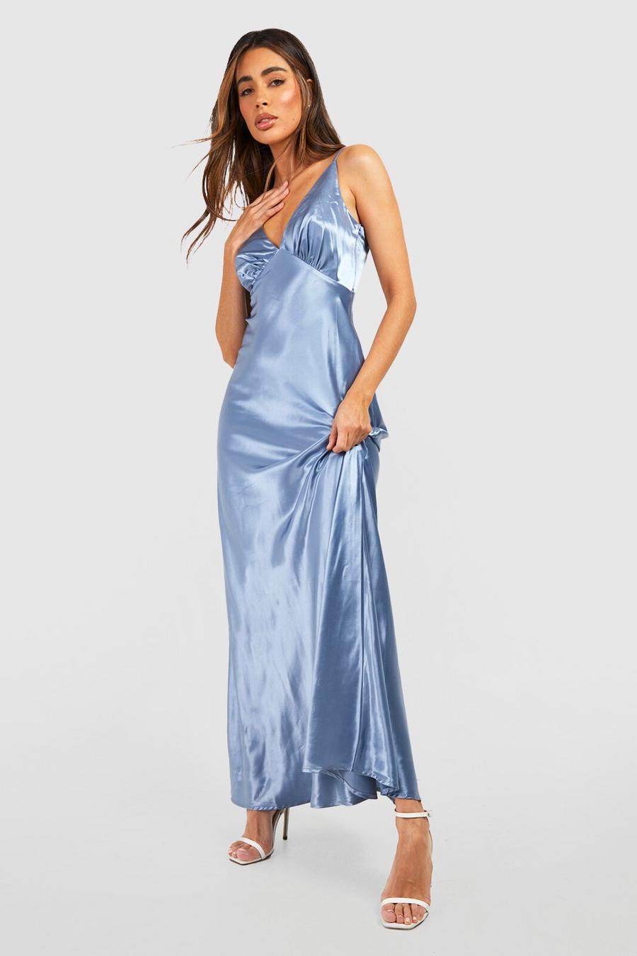 Blue Bridesmaid Satin Plunge Detail Slip Dress image number 1