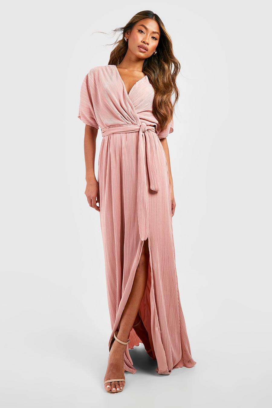 Rose pink Bridesmaid Plisse Wrap Maxi Dress