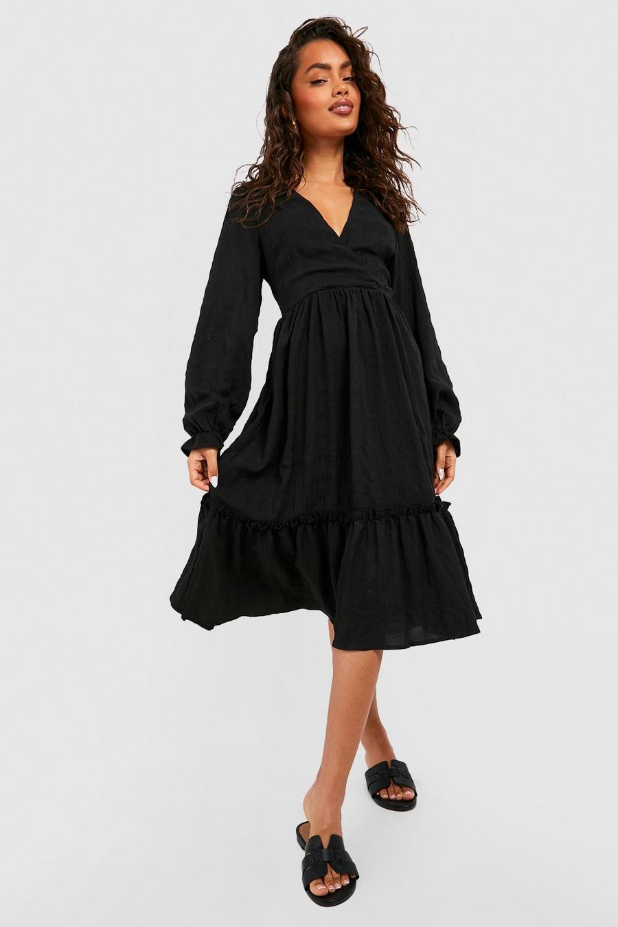 Black Textured Wrap Smock Midi Dress