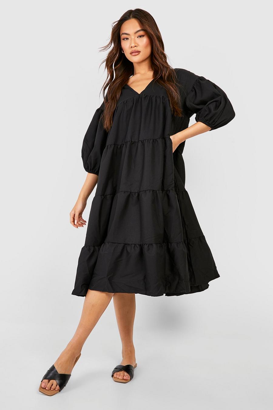Black Tiered Oversized Woven Smock Dress image number 1