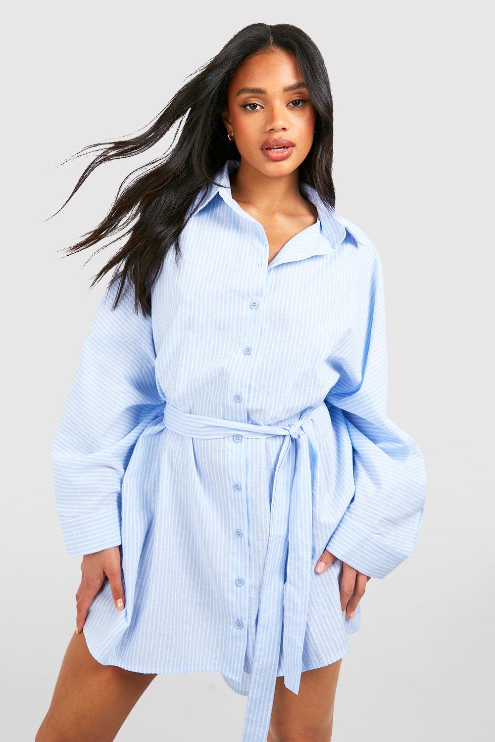 Boohoo Women s Cotton Stripe Dip Hem Shirt Dress Beige
