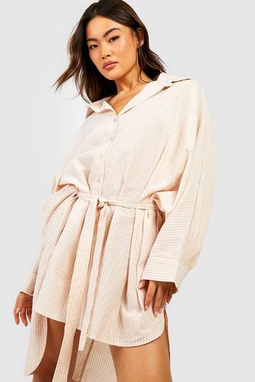 Stone Beige Cotton Stripe Dip Hem Shirt Dress