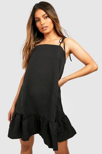 Gathered Hem Strappy Smock Dress black