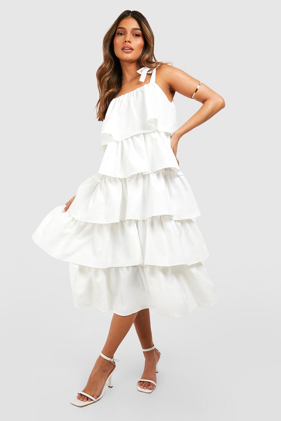 White Ruffle Tiered Midi Dress image number 1