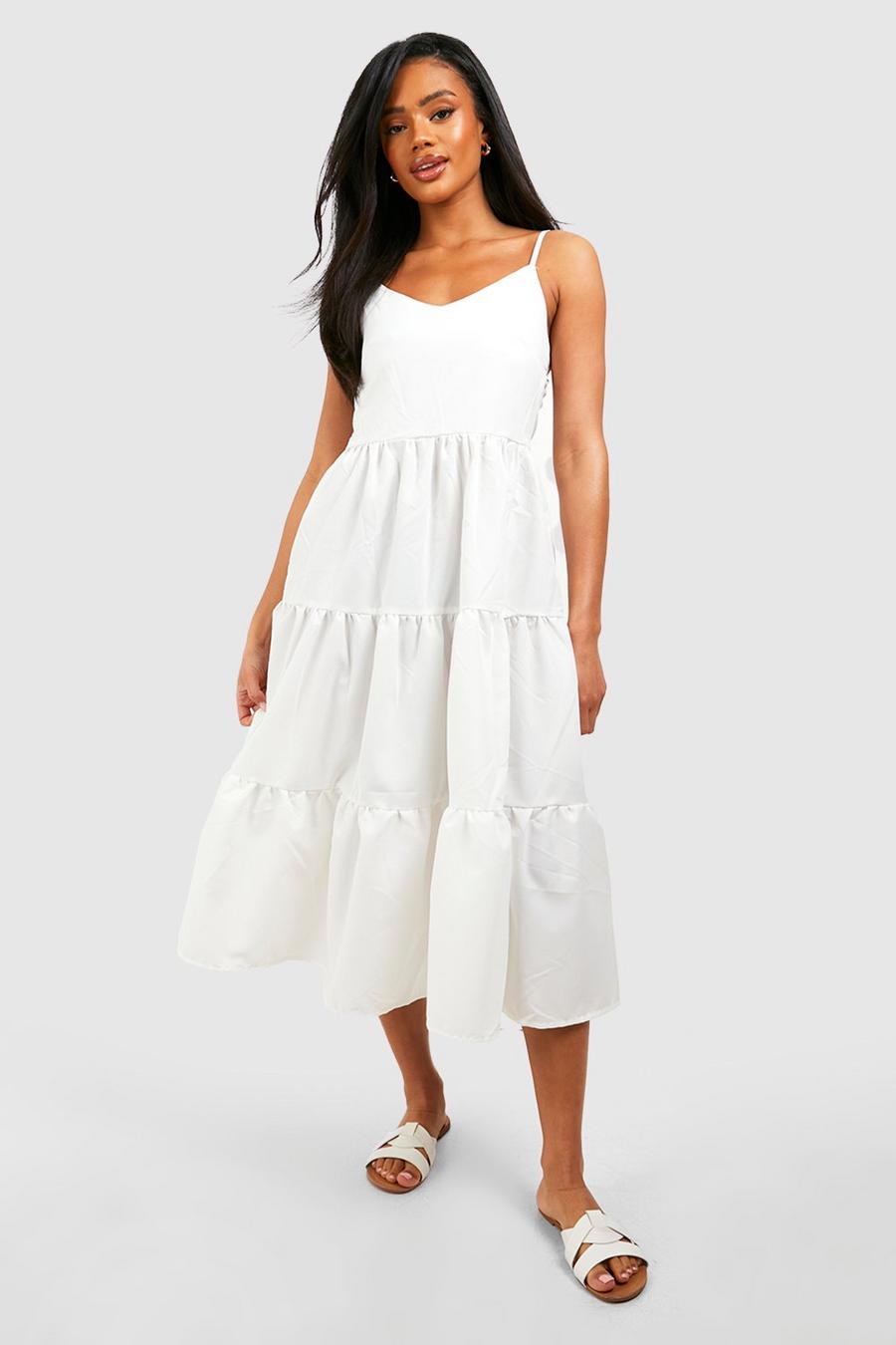 White Strappy Tiered Smock Dress image number 1