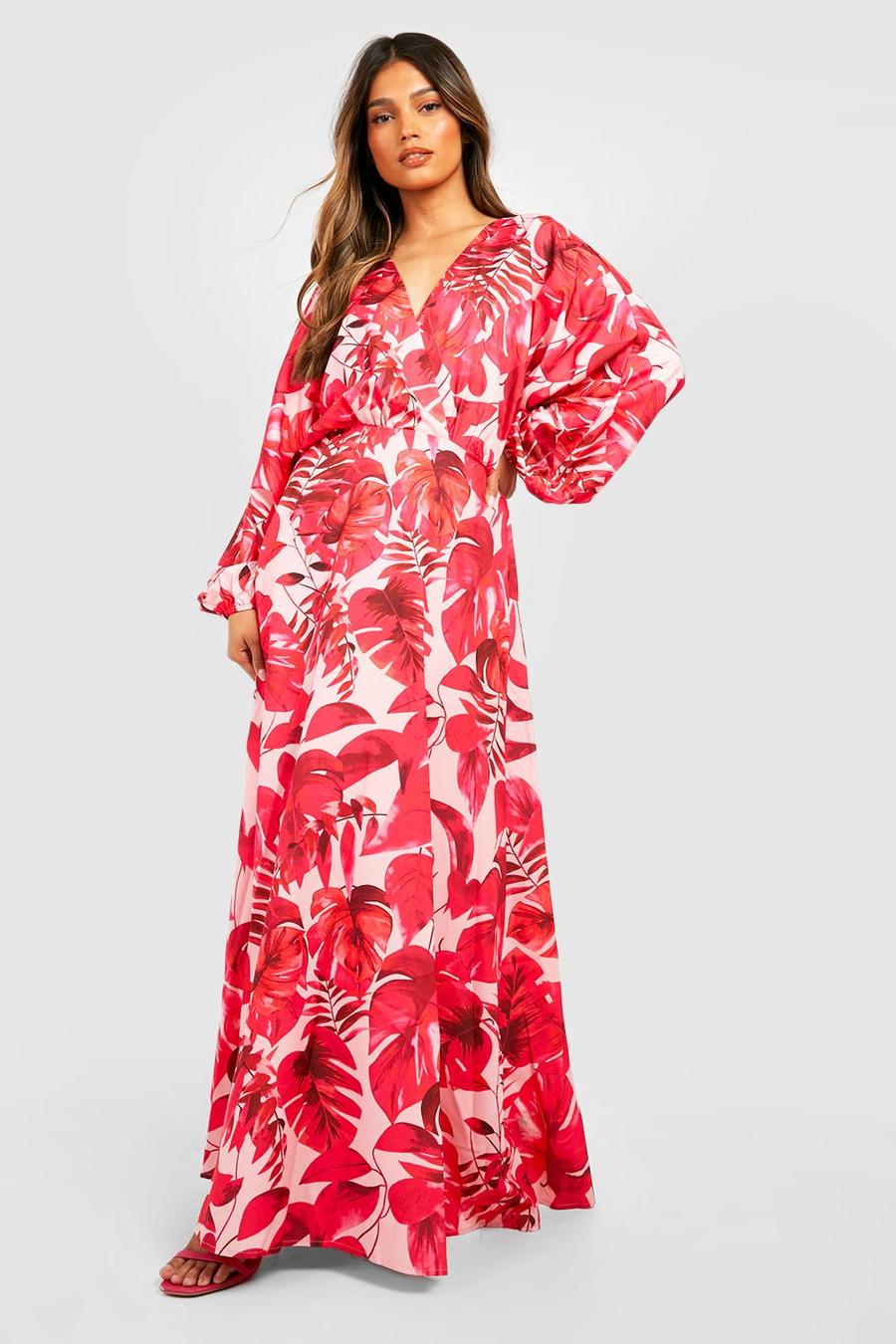 Vestido maxi cruzado con estampado de palmeras, Pink image number 1