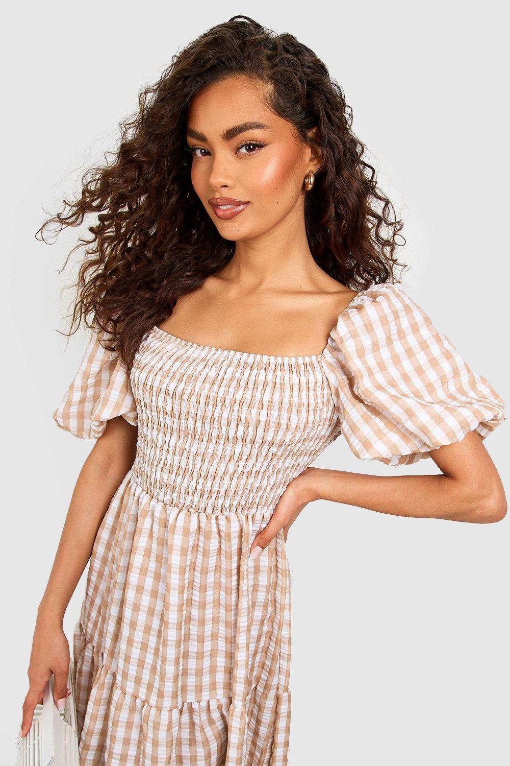 ワンピース MEDI GINGHAMCHECK 2WAY PUFFSLEEVE DRESS Gingham Puff Sleeve Shirred Maxi Dress | boohoo