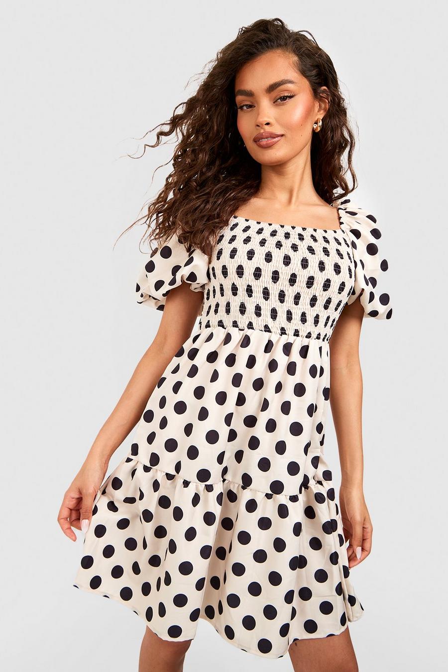 Cream blanco Polka Dot Puff Sleeve Shirred Smock Dress image number 1