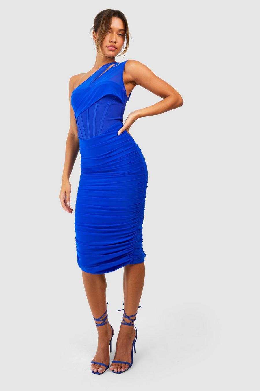 Cobalt blue Premium Bandage Mesh Overlay Midi Dress