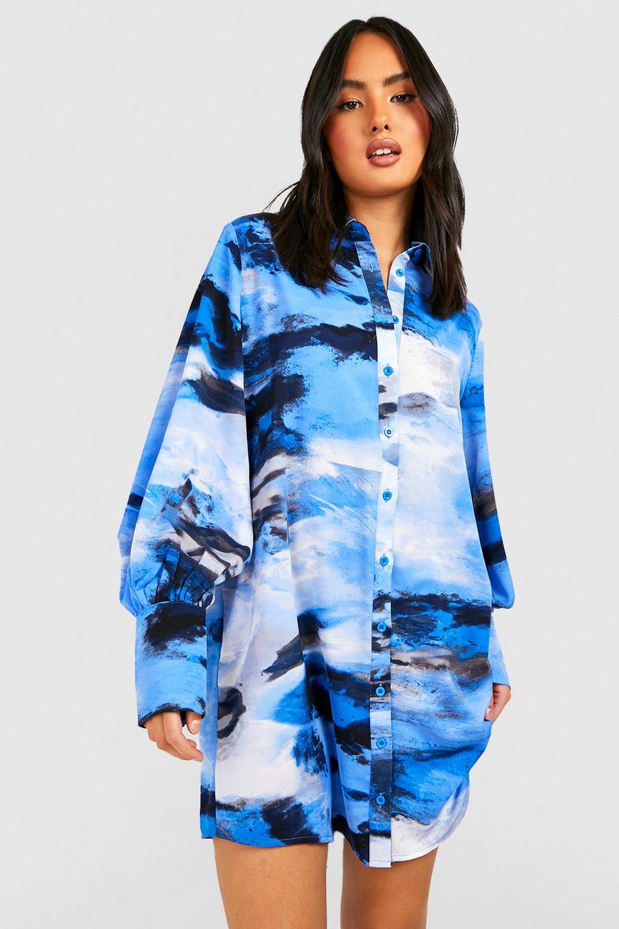 Blue Printed Oversized Shirt Dress  image number 1