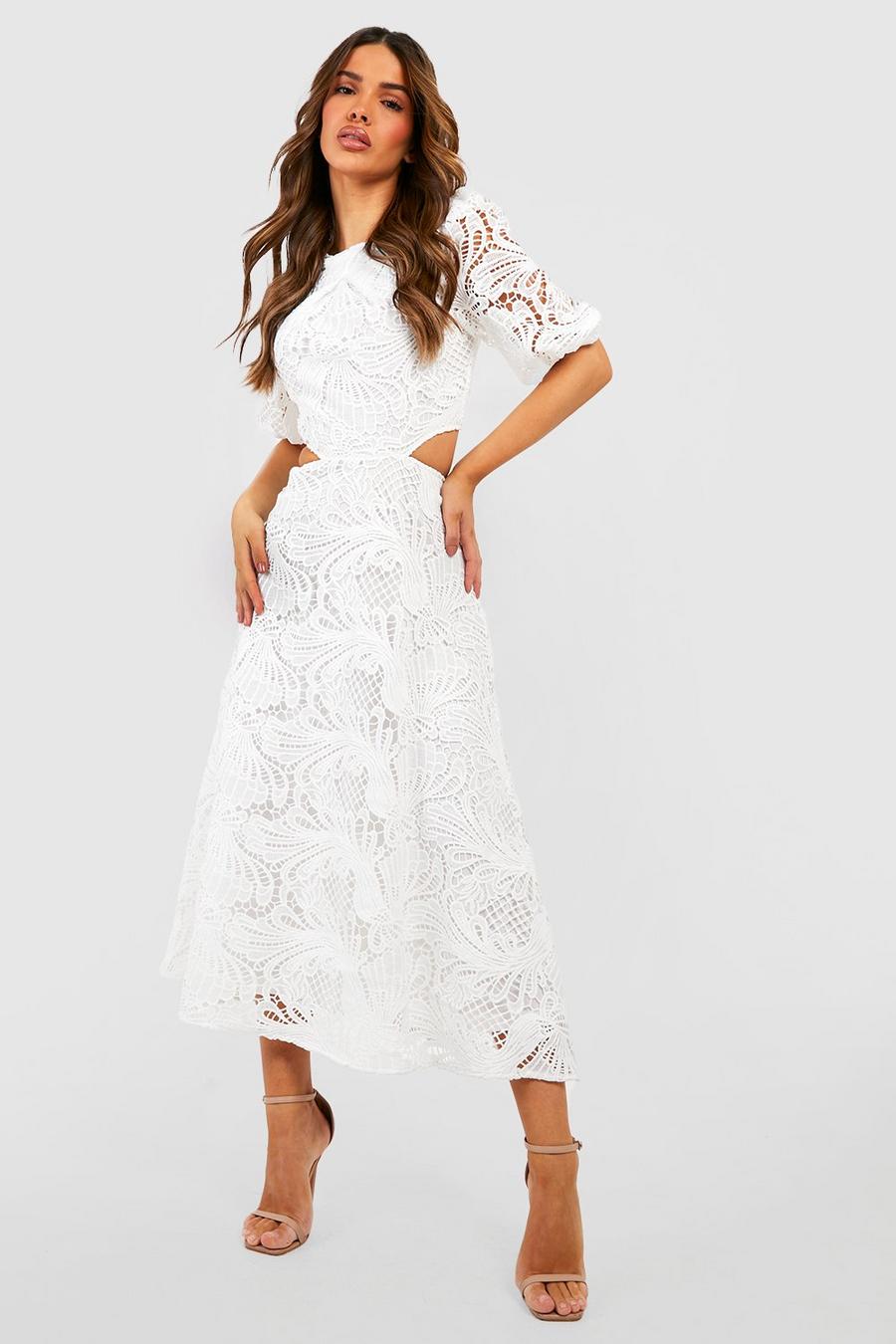 White Cut Out Crochet Puff Sleeve Maxi Dress image number 1