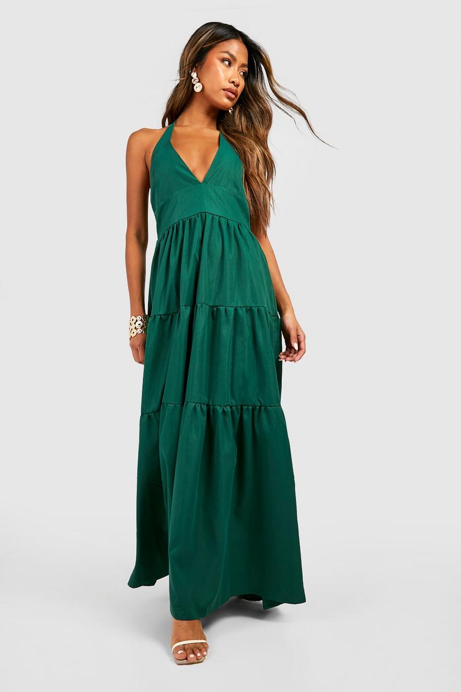 Green Halter Neck Button Detail Tiered Maxi Dress image number 1