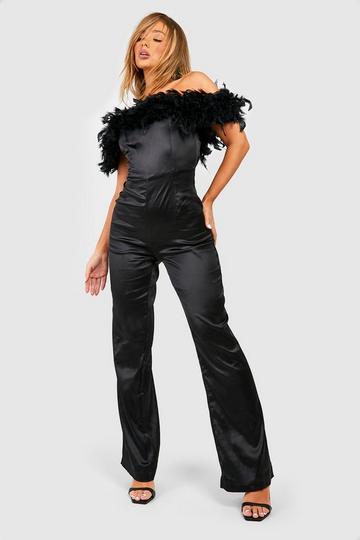 Black Premium Feather Satin Wide Leg Jumpsuit