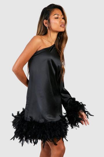 Premium Feather One Shoulder Satin Mini Dress black