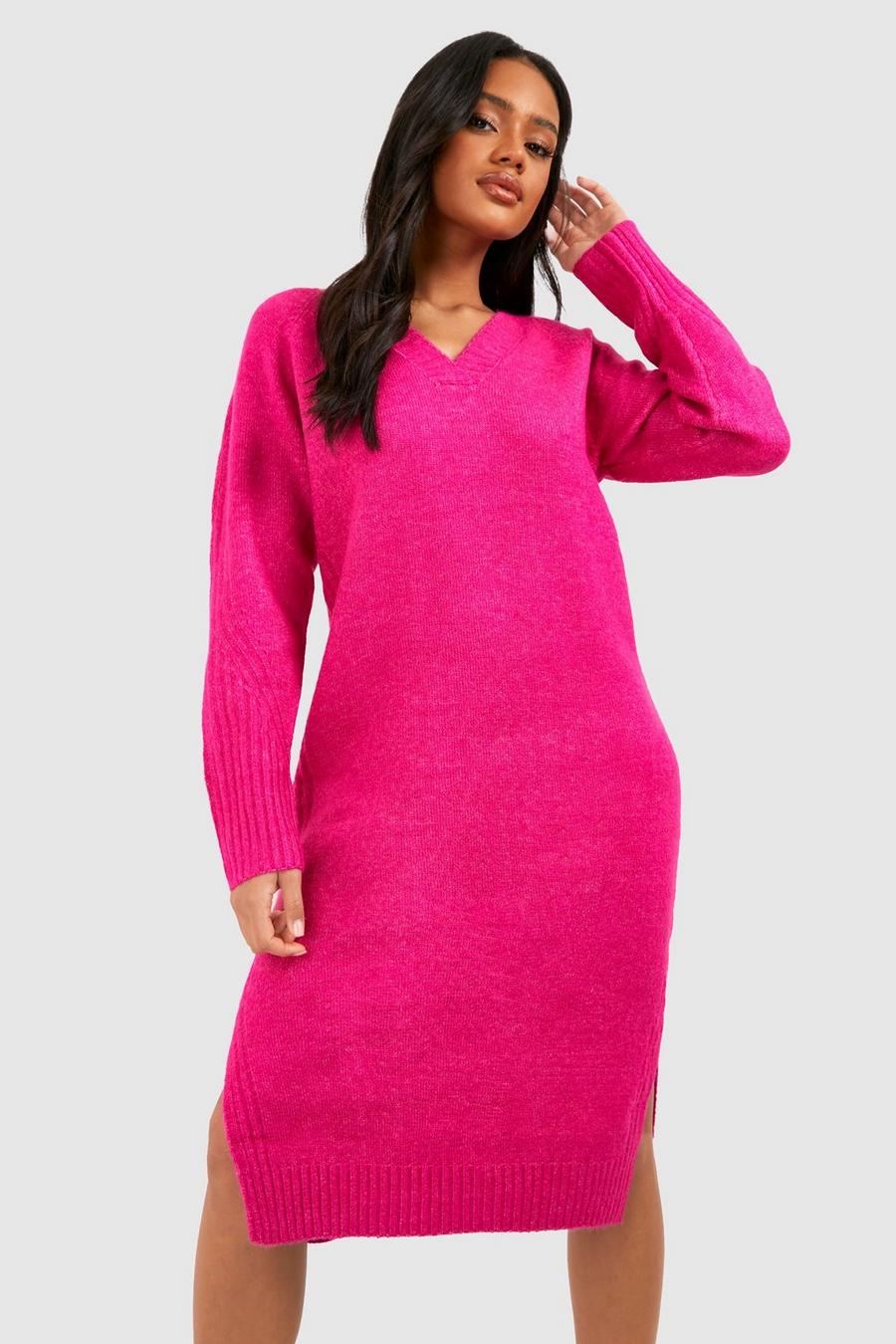 Hot pink Premium Soft Knit V Neck Slouchy Midi Knitted Dress image number 1