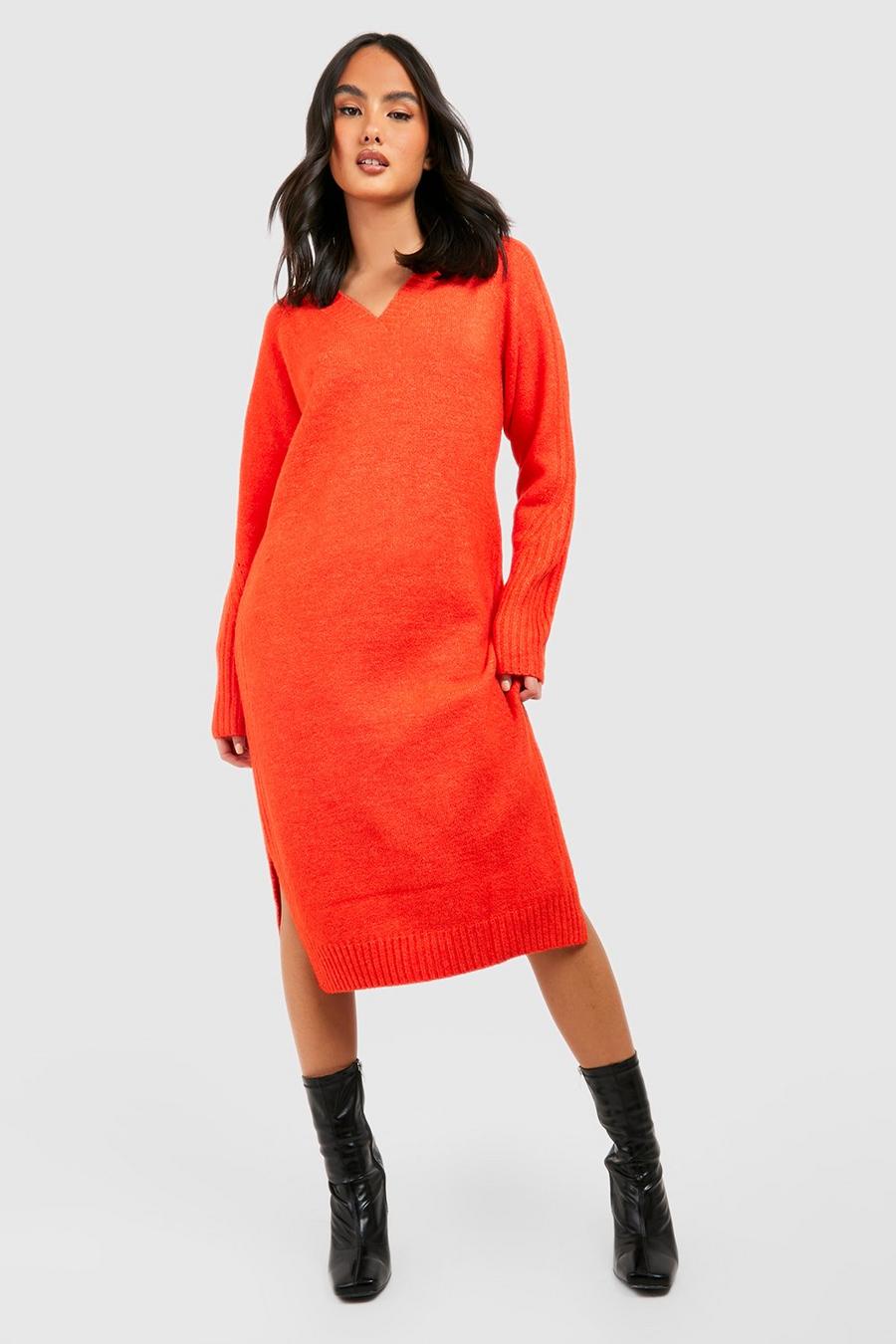 Orange Premium Soft Knit V Neck Slouchy Midi Knitted Dress image number 1