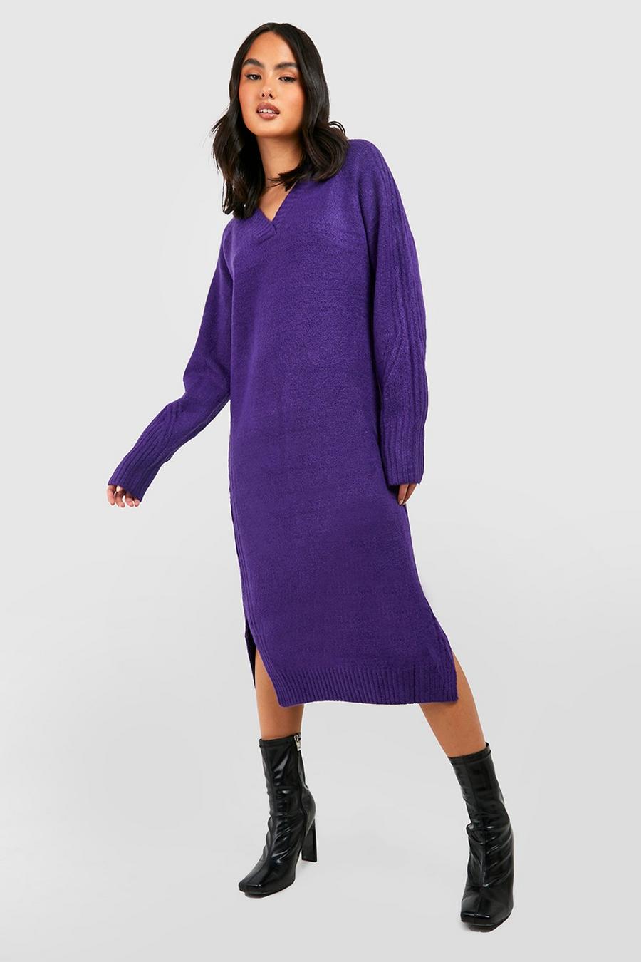 Purple Premium Soft Knit V Neck Slouchy Midi Knitted Dress image number 1