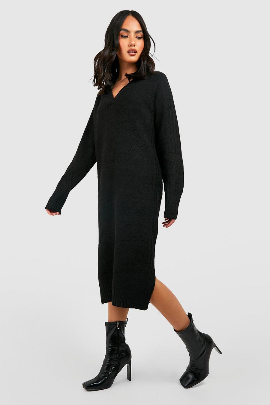Black Premium Soft Knit V Neck Slouchy Midi Knitted Dress