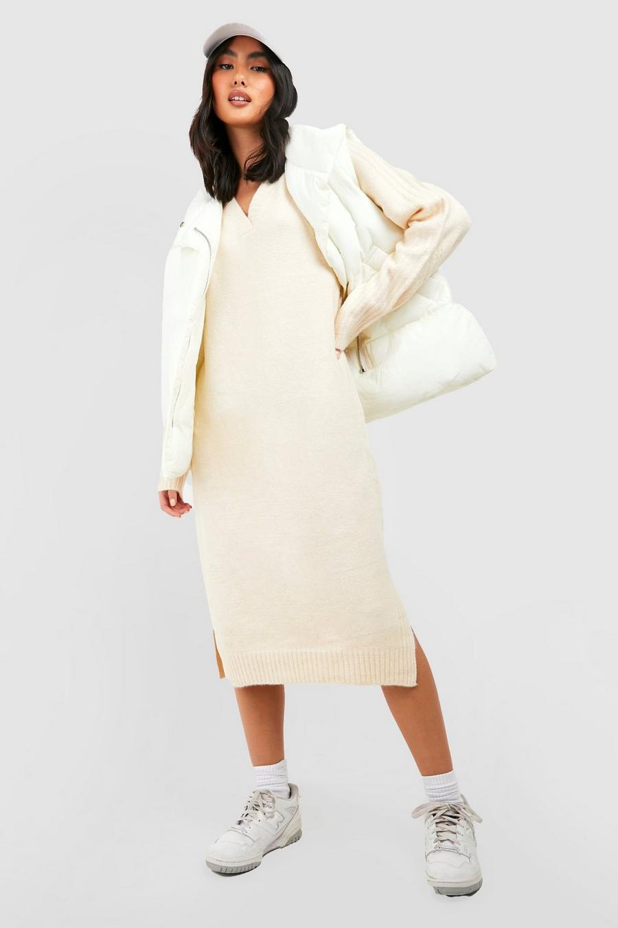 Cream Premium Soft Knit V Neck Slouchy Midi Knitted Dress image number 1