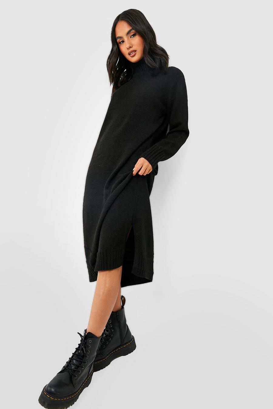 Black Premium Soft Roll Neck Knitted Midi Dress image number 1