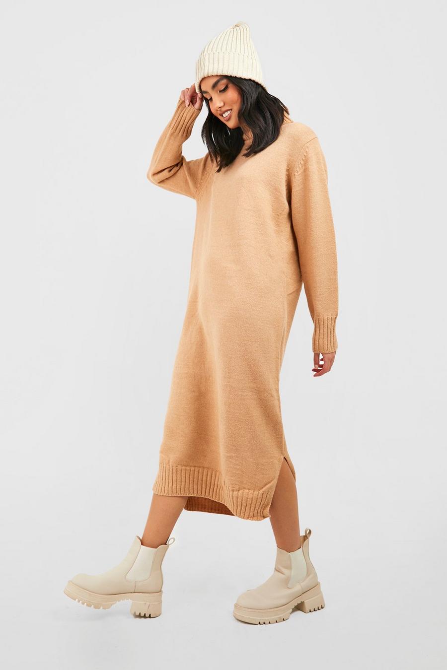Camel Premium Soft Roll Neck Knitted Midi Dress image number 1