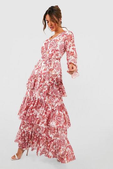 Printed Ruffle Hem Maxi Dress red