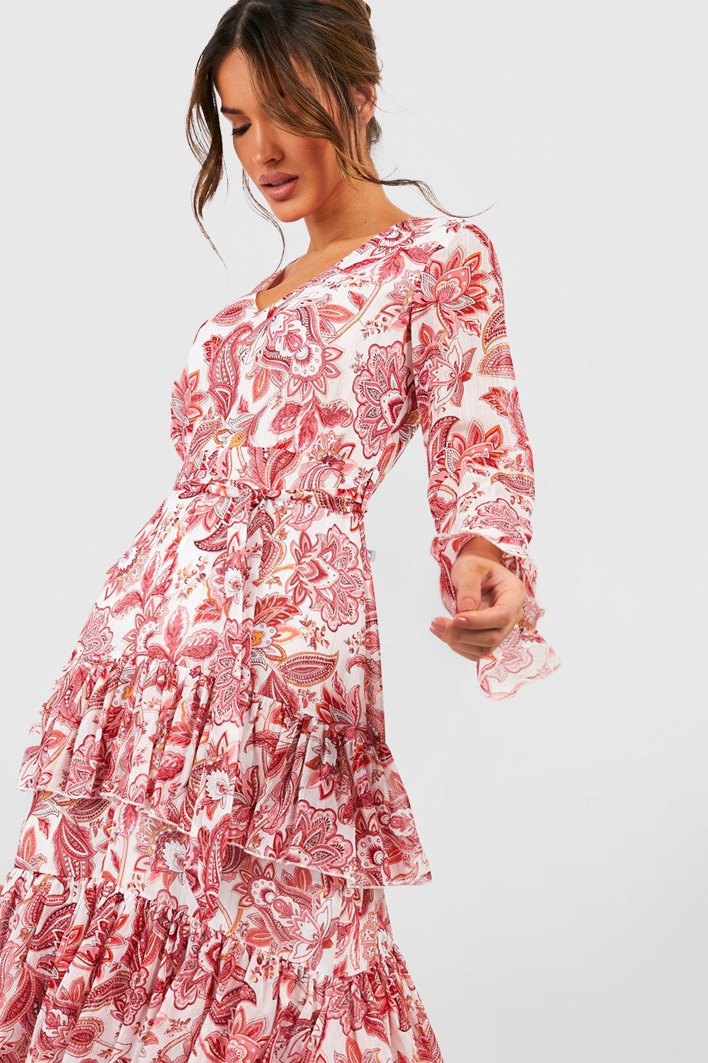 Printed Ruffle Hem Maxi Dress boohoo NO