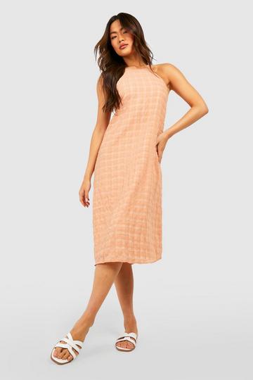 Tan Brown Racer Neck Textured Midi Dress