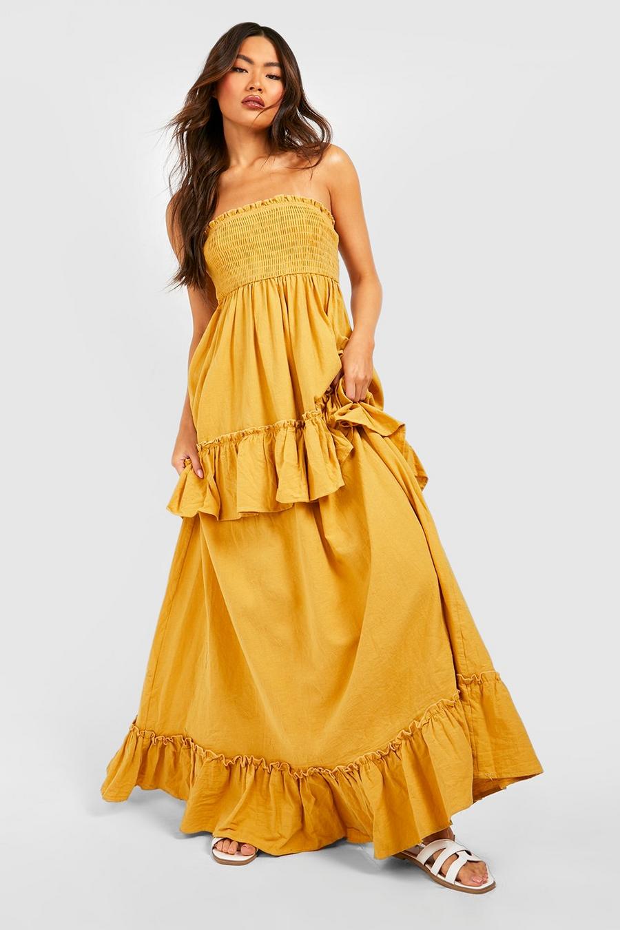 Yellow Bandeau Shirred Linen Maxi Dress image number 1