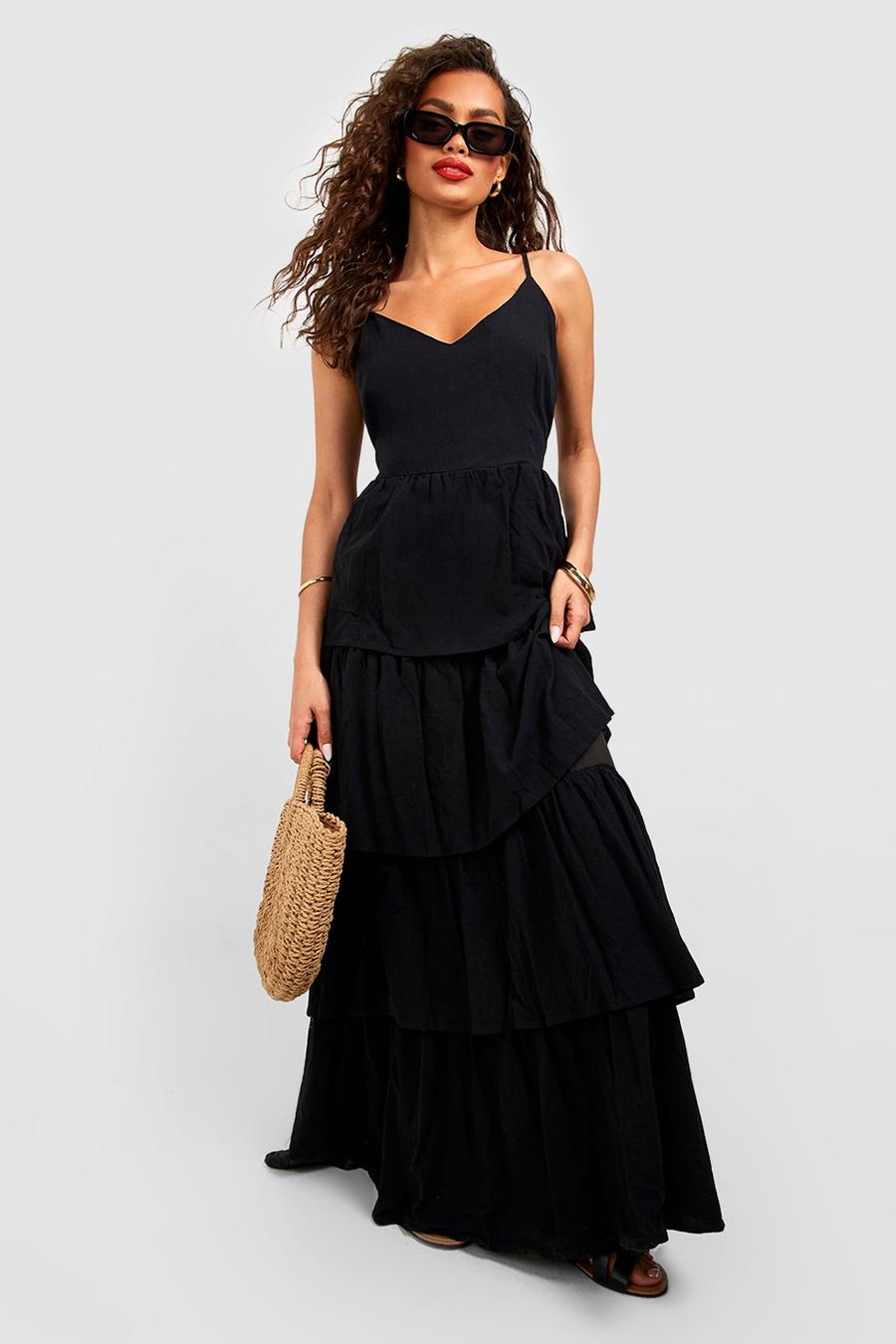 Vestido maxi de lino escalonado con escote de pico, Black image number 1