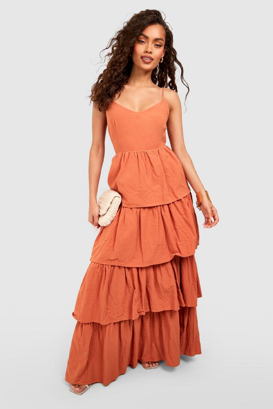 Orange V Neck Tiered Linen Maxi Dress image number 1