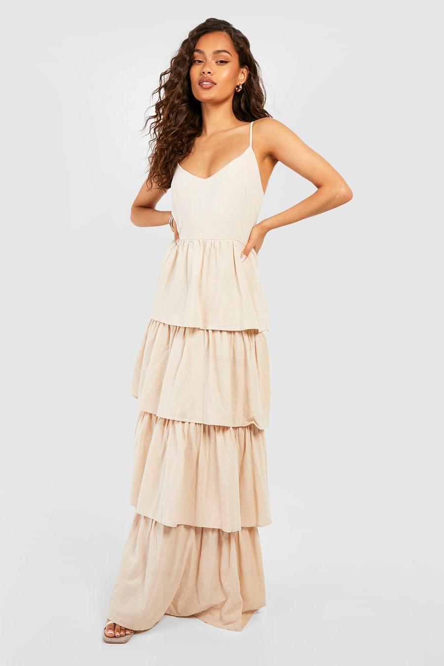 Stone V Neck Tiered Linen Maxi Dress image number 1