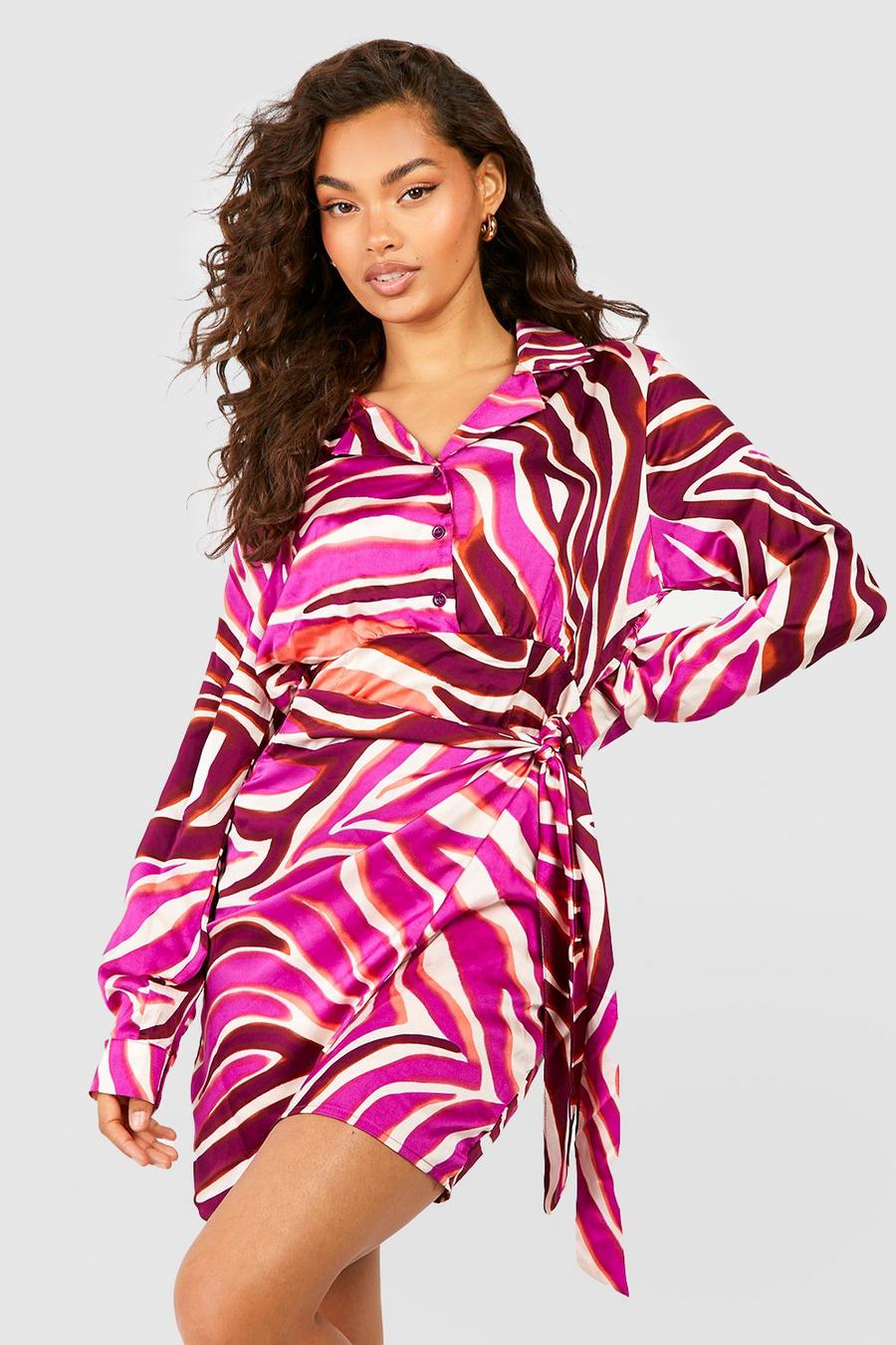Vestito camicia in raso con stampa zebrata, Multi multicolor