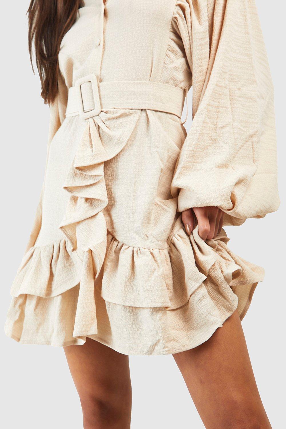 Button Through Belted Skater Dress boohoo