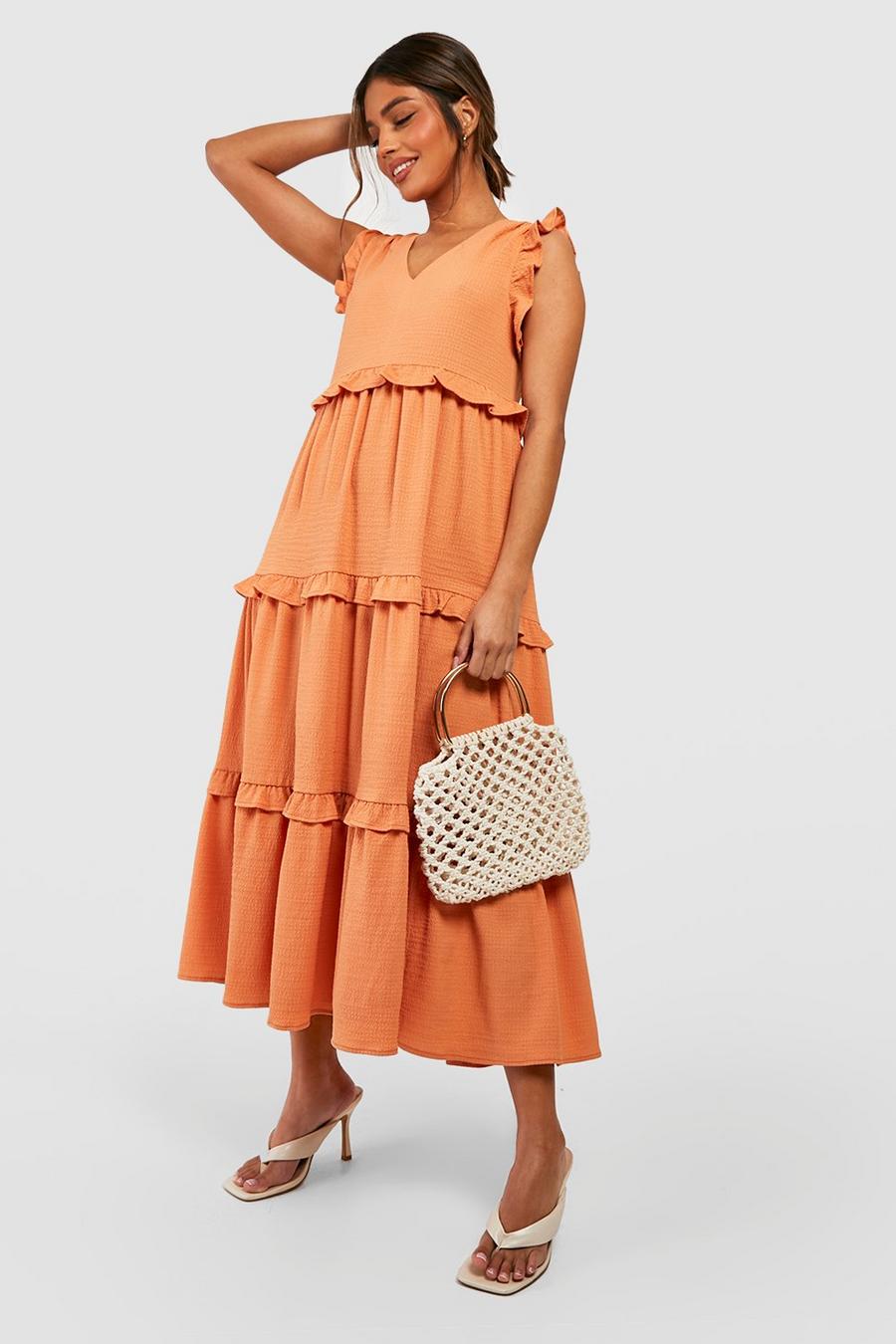 Orange Sleeveless Ruffle Textured Smock Dress image number 1