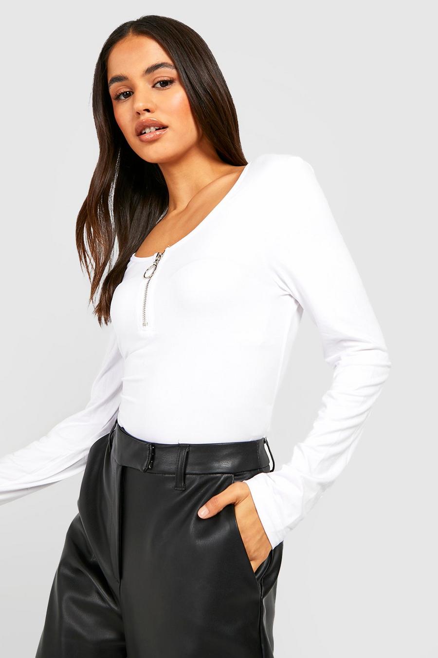 White Zip Detail Long Sleeve Bodysuit  image number 1