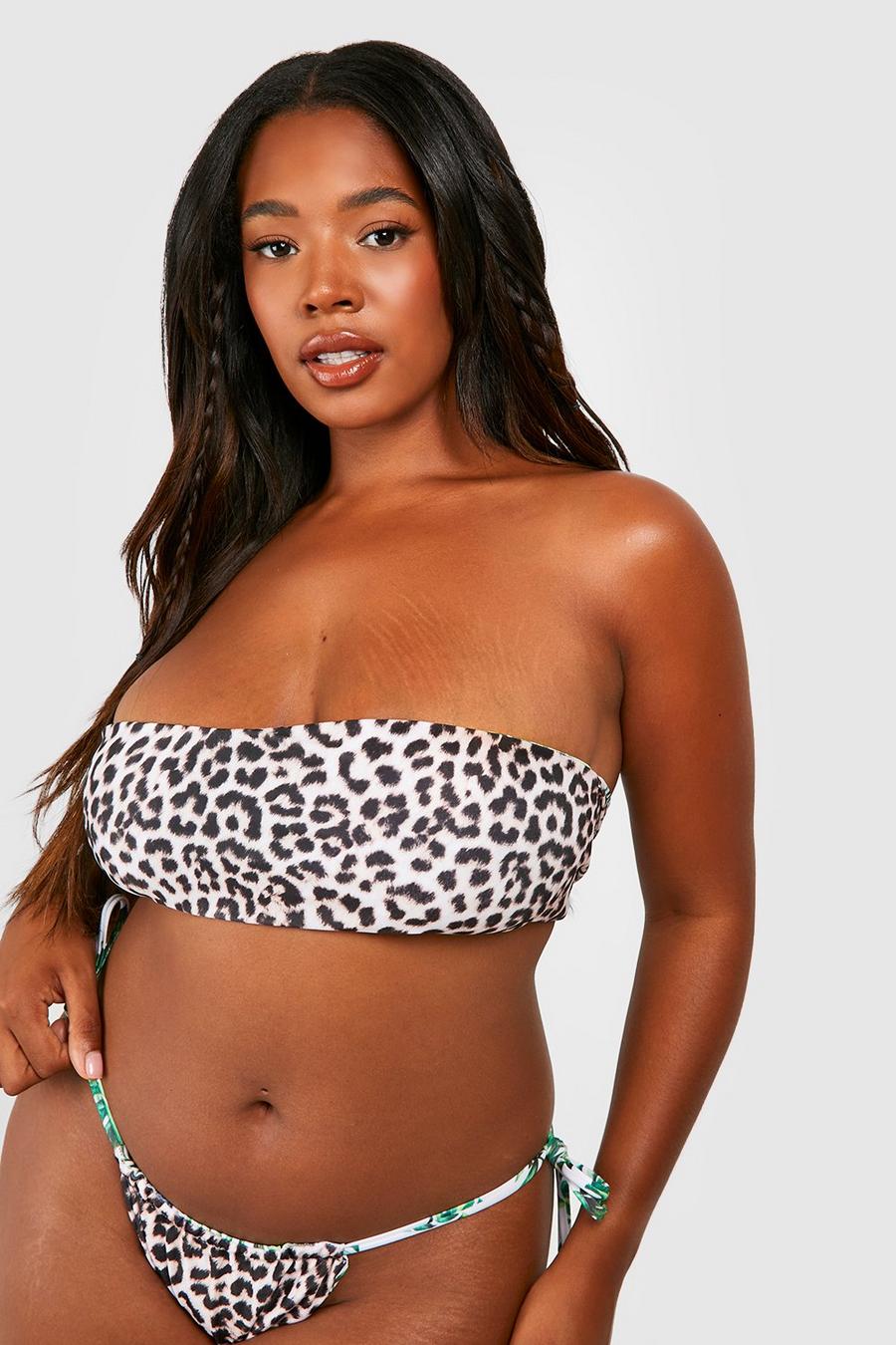 Top bikini Plus Size a fascia reversibile con stampa, Brown image number 1