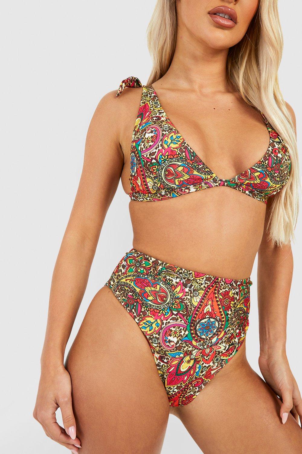 Leopard Paisley High Waist Tie Bikini Set | boohoo