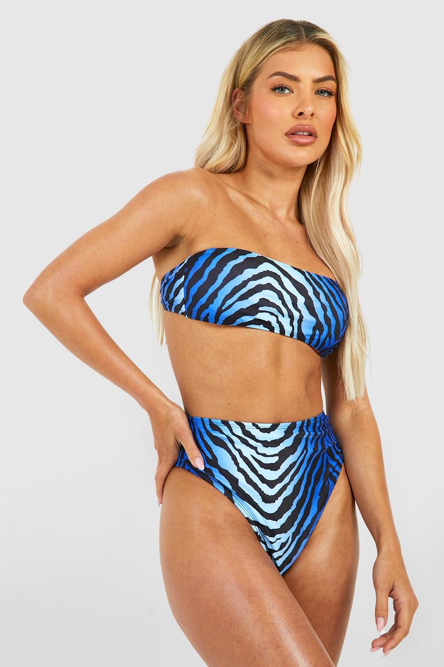 Blauer Zebraprint Bandeau-Bikini mit hohem Bund, Blue image number 1