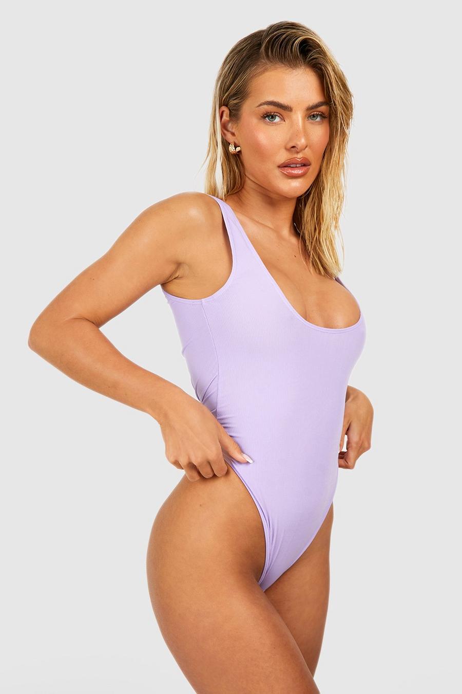 Lilac purple Pastel Textured Rib Scoop Swimsuit image number 1
