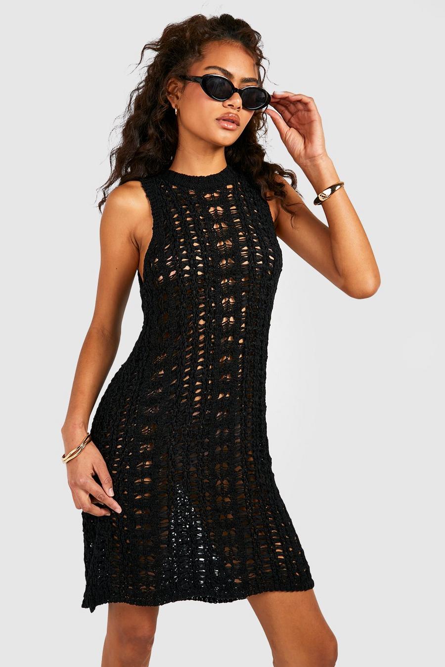 Black Ladder Crochet Knit Mini Dress
