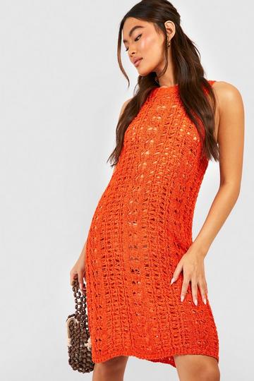 Orange Ladder Crochet Knit Mini Dress