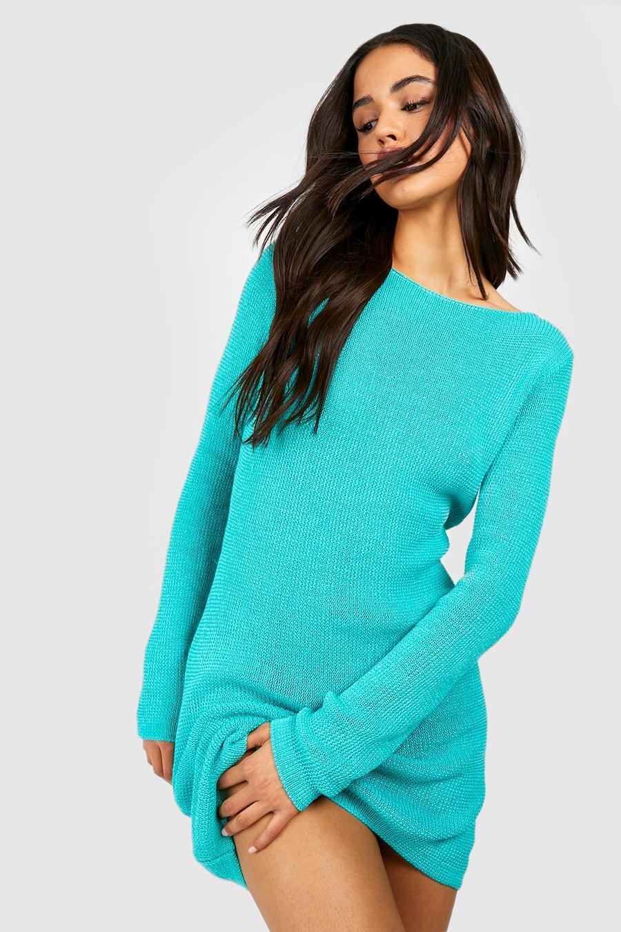 Turquoise Lace Up Knitted Mini Dress image number 1